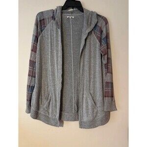 Women’s Maurices Open Front Hooded Cardigan Plaid Raglan Sleeves Large